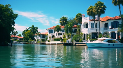 Picture of luxury mansion homes along inner coastal waterway river in Florida. Tropical vacation...