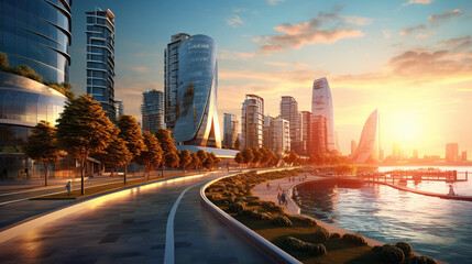 Modern buildings and roads in front of beach with sunset background - obrazy, fototapety, plakaty