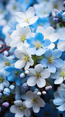 Beautiful blooming spring flowers on blue background, close up.