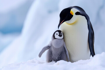 A penguin with her cub, mother love and care in wildlife scene - obrazy, fototapety, plakaty