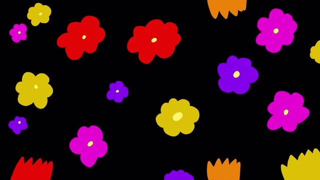 Video transition with cartoon flower buds on a black screen. Stock animation of minimalist plants in 4K with alpha channel. Concept for changing frames of a channel about gardening and nature.