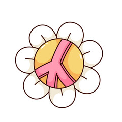 Groovy cartoon flower with hippy sign of peace and love. Funny retro floral mascot of hippie vibe, daisy emoji with pacifist emblem, summer flower cartoon sticker of 60s 70s style vector illustration