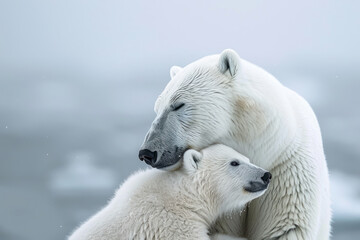 A polar bear with her cub, mother love and care in wildlife scene - obrazy, fototapety, plakaty