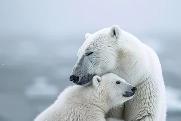Gordijnen A polar bear with her cub, mother love and care in wildlife scene © Aris