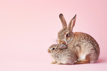 Fototapeta na wymiar A rabbit with her cub, mother loves and cares in everyday life