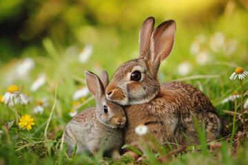 Naklejka na ściany i meble A rabbit with her cub, mother loves and cares in everyday life