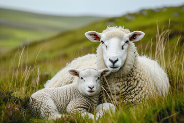 Obraz premium A sheep with her cub, mother loves and cares in everyday life
