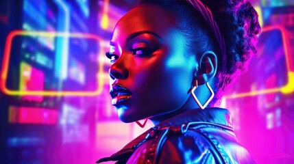 African American woman female with afro hair on city street background. Outdoor urban portrait of beautiful African woman..