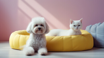 Adorable white dog and cat relaxing together on a yellow pet bed, reflecting companionship and comfort