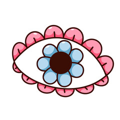 Groovy cartoon eye with flower instead of pupil. Funny retro floral mascot with trippy vibe, chamomile petals in weird eye of hippy hallucination, cartoon sticker of 60s 70s style vector illustration