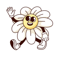 Groovy daisy flower cartoon character waving with hand up. Funny retro floral mascot with arms and legs walking, greeting flower emoji and cartoon sticker of 60s 70s style vector illustration
