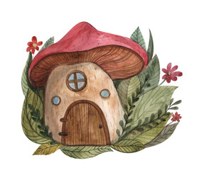 Cute cozy fairytale house in a mushroom.Watercolor illustration of a fantasy house. Fairytale mushroom house, forest
from plants and berries. Isolated mushrooms, cute magical gnome buildings.