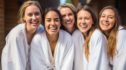 Fototapeta premium Group of joyful friends in white robes sharing a laugh, a moment of pure happiness and friendship