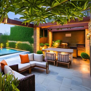 A Mediterranean-inspired patio with terracotta tiles and lush greenery1