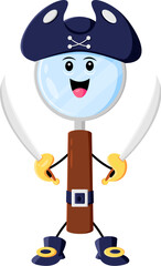 Fototapeta premium Cartoon loupe school supply pirate and corsair character brandishes twin swords with a mischievous grin. Isolated vector magnifying glass personage in tricorn hat, ready for adventure on the high seas