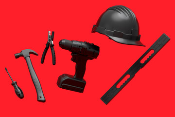 Flying view of monochrome construction tools for repair on red background