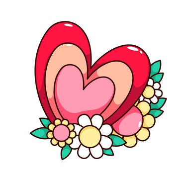Groovy cartoon heart with flowers. Funny retro love and Valentines Day mascot with chamomiles and leaves decoration, heart with frames and floral cartoon sticker of 60s 70s style vector illustration