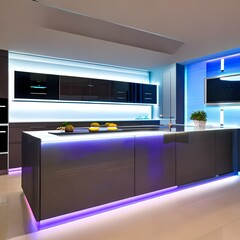 A futuristic kitchen with high-tech appliances and LED accent lighting1