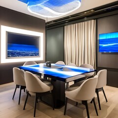 A futuristic dining room with a high-tech interactive table5