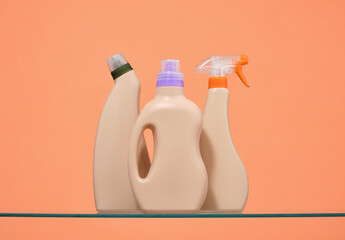 Laundry detergents and spray bottles of cleaning detergents. Professional eco cleaning service.