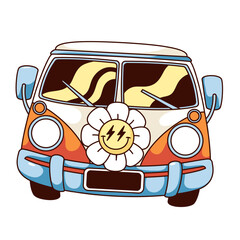 Groovy cartoon hippy van with flower. Funny retro classic car for summer travel to hippie festival and camping vacation, camper van mascot and cartoon sticker of 60s 70s style vector illustration © setory