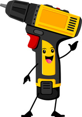 Cartoon funny drill diy, building and repair tool character. Isolated vector quirky and vibrant instrument personage with a mischievous grin, and googly eyes, ready for playful construction adventures