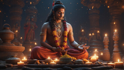 Hindu Sadhu Praying or making puja - Powered by Adobe