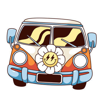 recommend clip art: Groovy cartoon hippy van with flower. Funny retro classic car for summer travel to hippie festival and camping vacation, camper van mascot and cartoon sticker of 60s 70s style vector illustration