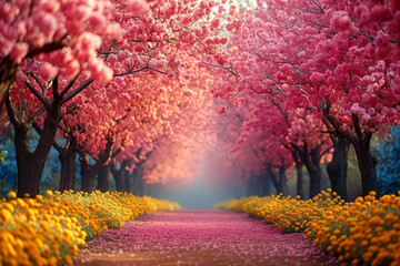Beautiful blossom spring time pink color trees, garden or park - 705673905