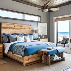 A coastal-inspired bedroom with driftwood accents and ocean-themed decor3