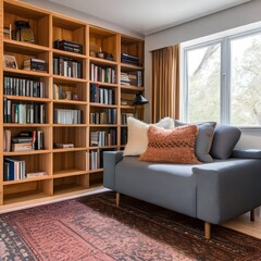 A cozy reading corner with a built-in bookshelf and oversized armchair3