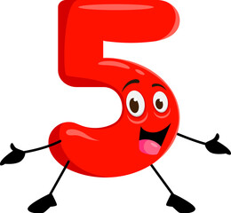 Cartoon funny math number five character. Isolated vector cheerful 5 figure with wide eyes and big smile radiating positivity. Playful, vibrant red personage embodies the essence of fun and excitement
