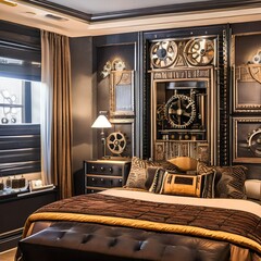 A steampunk-themed bedroom with gears and mechanical decor5