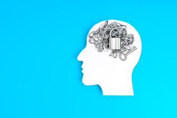 White Paper Silhouette of Male Head with Chain, Lock and Key