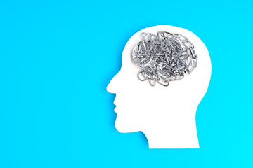 White Paper Silhouette of Male Head in Profile with Brain-shaped Chain