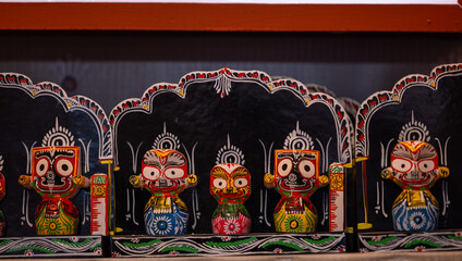 Hindu god jagannath idol made with wooden for worship.