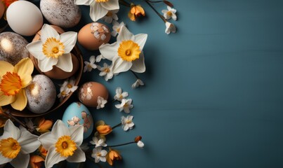 Top view photo of Easter eggs and daffodil flowers isolated on a gray background with empty space