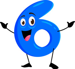 Obraz premium Cartoon funny math number six character. Isolated vector cute arithmetic educational digit 6 personage with adorable appearance, featuring a cheerful face, rounded shape, and vibrant blue color