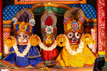 Hindu god jagannath idol made with wooden for worship.