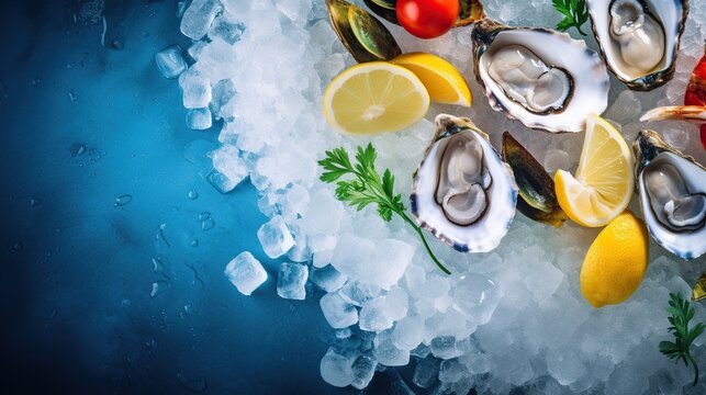 Fresh oysters on a bed of crushed ice with lemon slices and parsley, ready to be enjoyed on a vibrant blue background.
