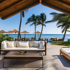 Fototapeta na wymiar A coastal-inspired outdoor lounge with hammocks and beach-themed decor1