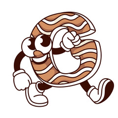 Groovy G alphabet letter cartoon character walking. Funny retro font mascot with curvy pattern of white and brown lines, cartoon trippy G letter, emoji and sticker of 70s 80s vector illustration