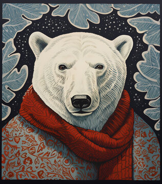 Colored linocut of a christmas polar bear in a knitted red scarf in the winter forest. Simple retro illustration of winter wildlife theme for t-shirt poster card notebook cover design.