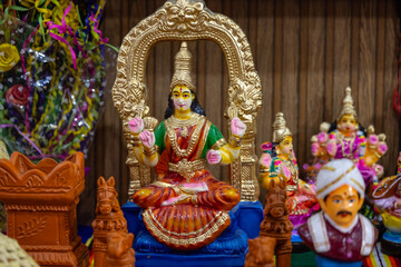 Goddess Laxmi idol made with fiber. Selective focus.