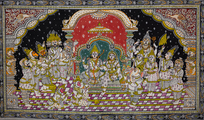 Hindu god ram darbar painting made on wooden board.