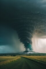 Dramatic view of a beautiful tornado over a green agricultural field. Natural disaster, hurricane and storm concepts.