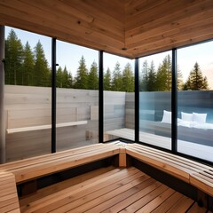 A Scandinavian sauna with wooden benches and ambient lighting5