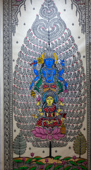  Handmade painting of lord vishnu and goddess laxmi on wooden canvas with shite background.