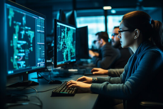 Secret hacker organization workplace data IT specialist near big screen with code Generative AI