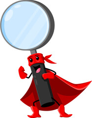 Cartoon magnifying glass school supply superhero and defender character. Isolated vector loupe with a giant lens, fights crime by examining clues and unraveling mysteries, ready to solve any puzzle